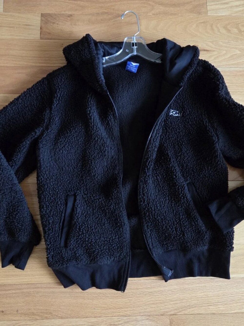 Y2K Pony Brand Women's M Black Teddy Faux Fur Hoodie Jacket VTG zipper missing